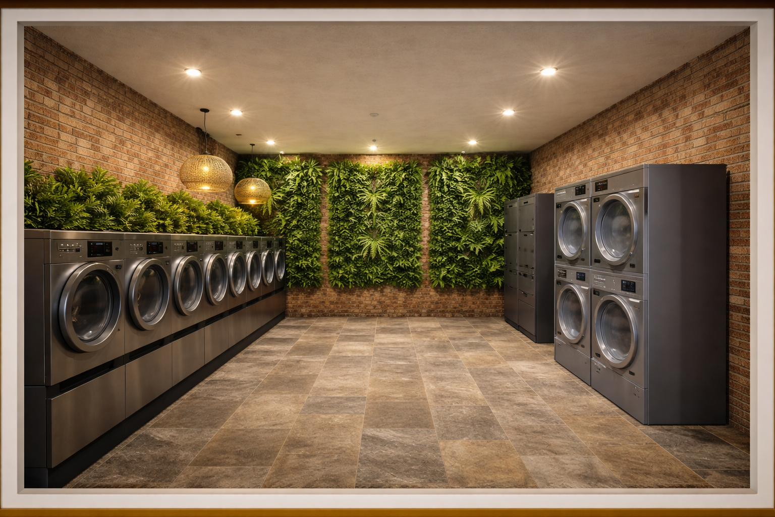 Laverie moderne avec jardin urbain, concept Clarify